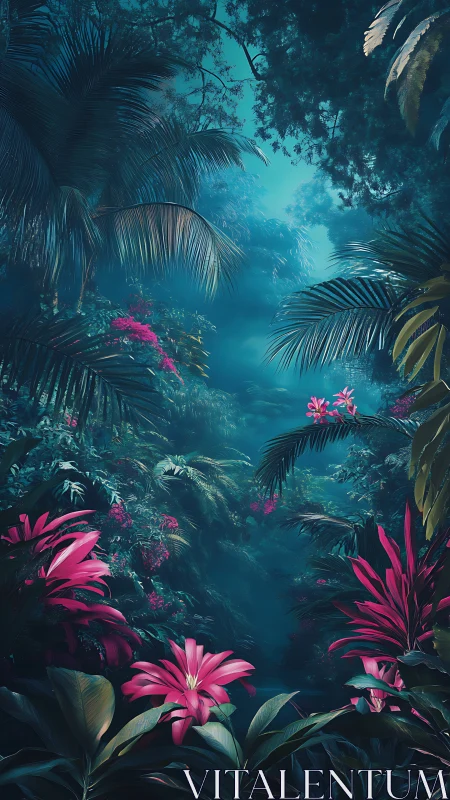 Neon jungle hollow where magenta blooms guard moonlit mist.