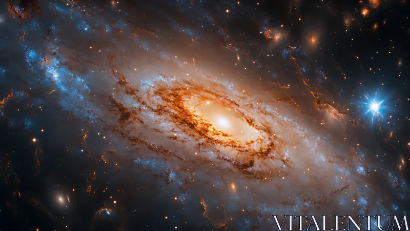 Golden spiral galaxy cradled in soft blue starlight glow.