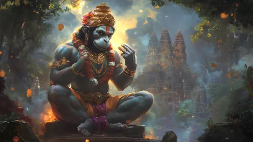 Mythic simian deity in ornate regalia before misted temple ruins