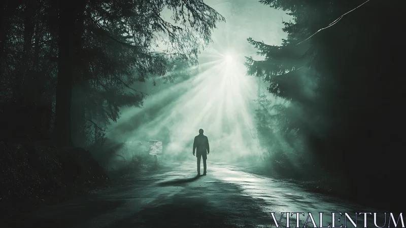 Silhouette walks forest road under piercing emerald light.
