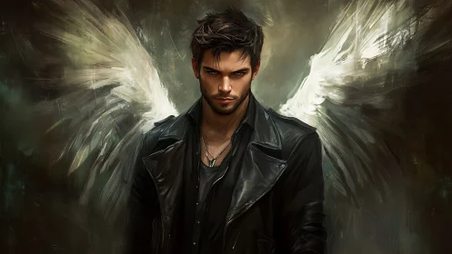 Brooding male angel in black leather jacket, wings spread.
