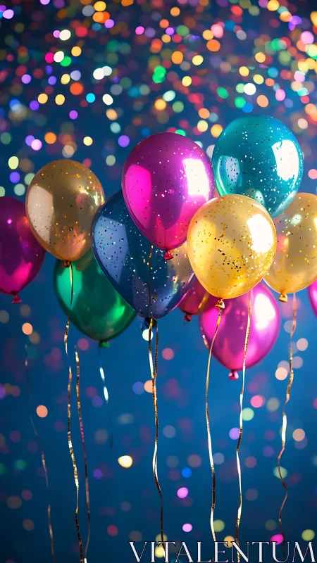 Shimmering Celebration: Metallic Balloons in Glowing Bokeh.