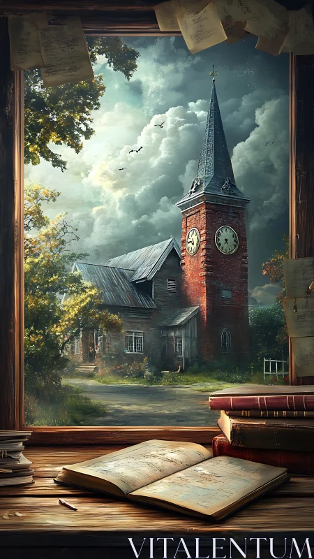 Old clocktower view framed by books and weathered window.