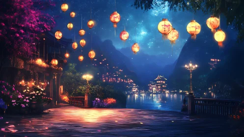 Lantern-lit riverside town glows under a starlit night sky