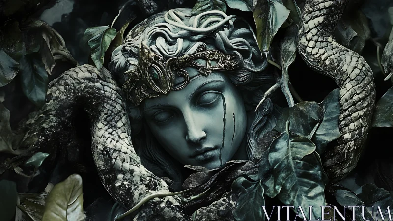 Stone medusa-like statue entwined by serpent and leaves.