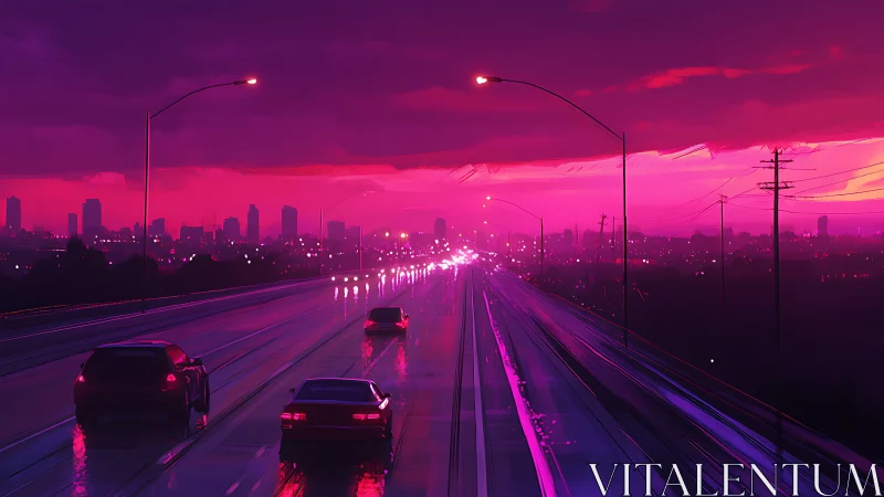 Neon-lit highway at dusk leads toward silhouetted cyber skyline