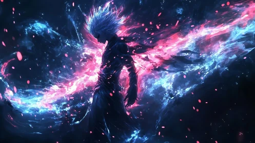 Energy-charged warrior strides through luminous cosmic storm