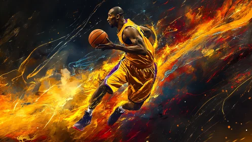 Dynamic digital painting of fiery basketball drive in motion.
