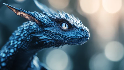 Blue-scaled young dragon profile in soft bokeh light.