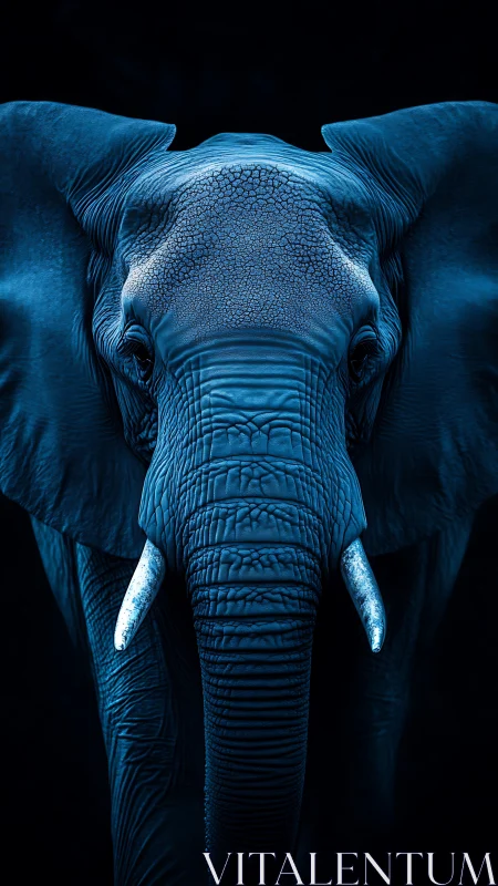 Elephant frontal portrait in monochromatic blue lighting