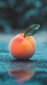 Sunlit peach with leaf resting on cool blue surface.