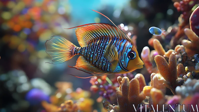 Vibrant reef fish gliding above coral garden seascape.