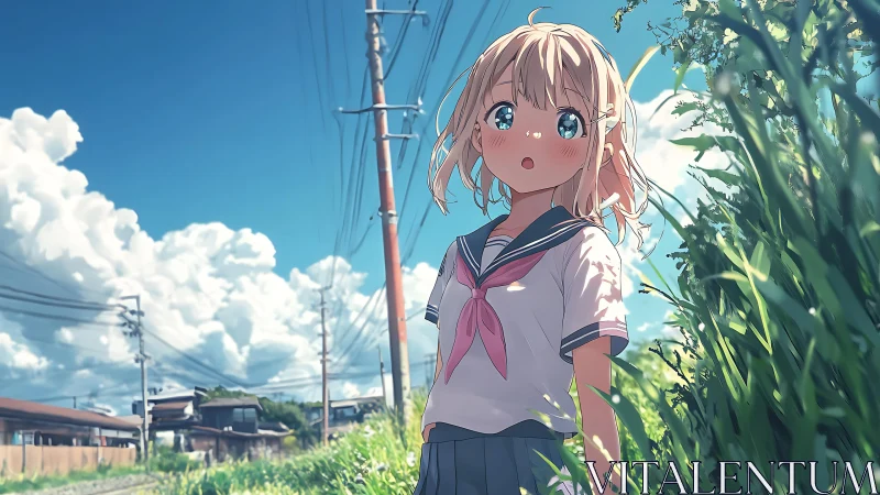 Summer anime girl in sailor uniform by rural roadside.