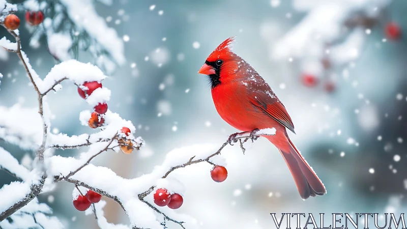 Vibrant red cardinal on snowy branch, winter wildlife photography.