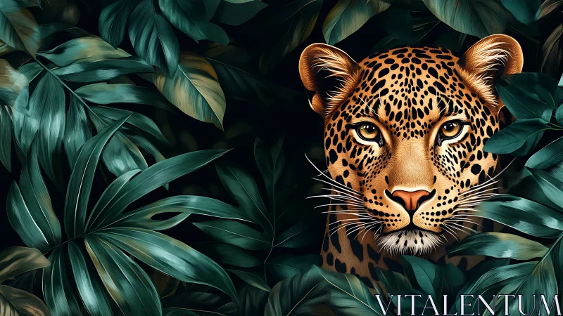 Golden-eyed leopard gazes calmly from lush jungle leaves