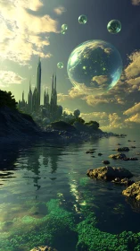 Futuristic coastal cityscape with floating translucent spheres.