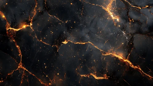 Glowing golden veins drift across deep black marble space