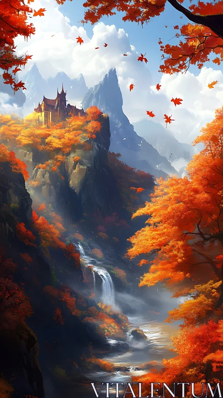 Autumnal cliffside citadel above cascading mountain waterfall