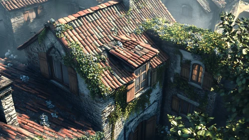 Sunlit ivy-covered rooftop villa basks in quiet morning haze.