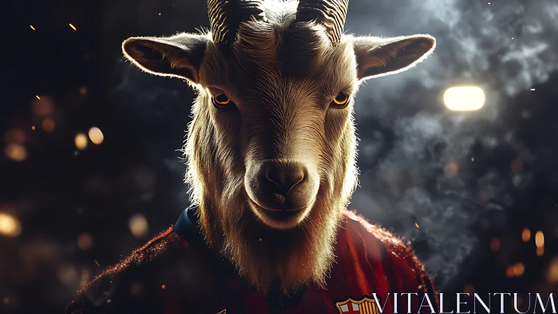 Goat in sports jersey lit by strong directional stadium light