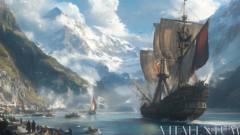 Majestic galleon glides into a sunlit, snow-crowned fjord harbor