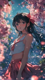 Anime schoolgirl under cherry blossoms at blue sky.
