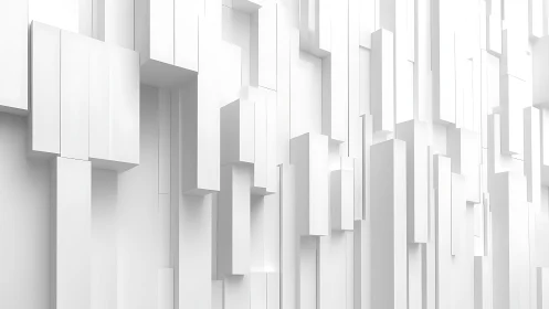 Minimalist white geometric wall with 3D rectangular panels, modern art.