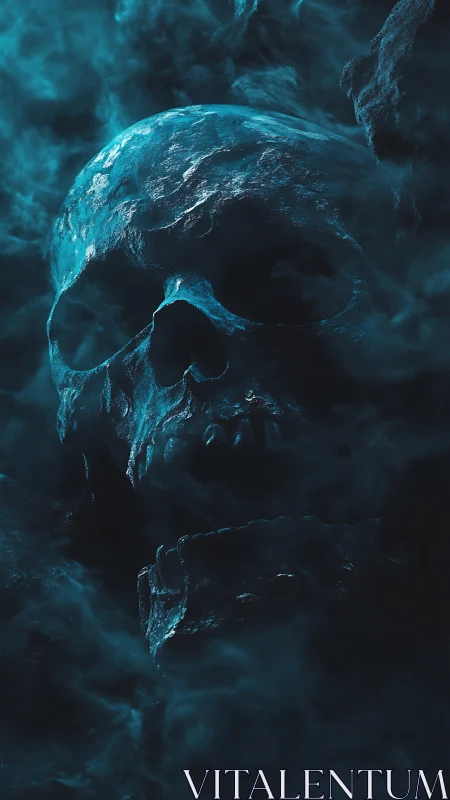 Midnight skull adrift in ghost-blue storm clouds of silence.