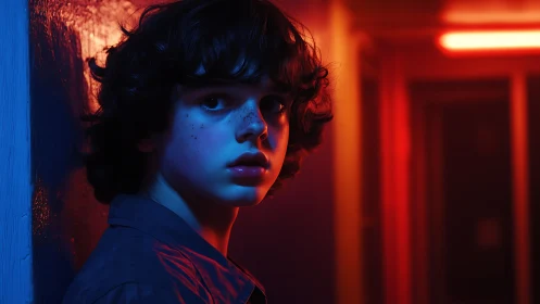 Youthful subject in corridor under blue and red lighting.