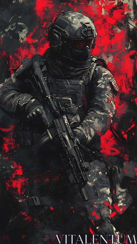 Crimson battle haze surrounds a focused tactical soldier