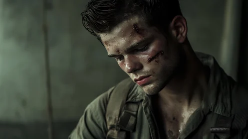 Battle-worn soldier bows his head in haunted silence.