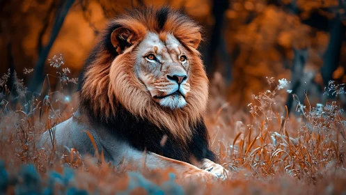Lion resting in stylized orange blue grassland scene.