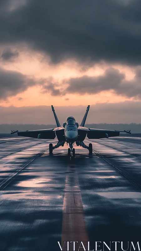 Carrier-capable jet on wet runway under stratiform dawn sky.