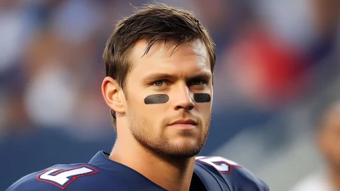 Gridiron quarterback portrait under stadium sideline lighting.
