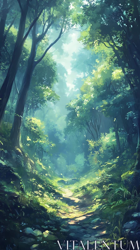 Forest Path Through Luminous Canopy with Celestial Sky.