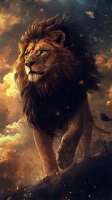 Lion strides forward through glowing clouds and embers
