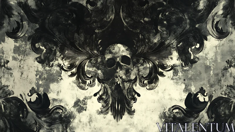 Dark skull flourishes swirling through mist and shadow.