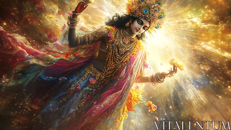 Divine figure in ornate attire radiates light and colored petals