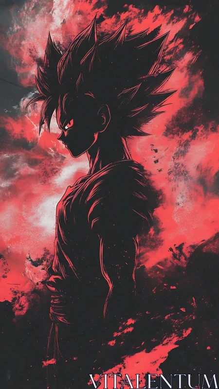 Silhouetted anime warrior in red and black energy field.