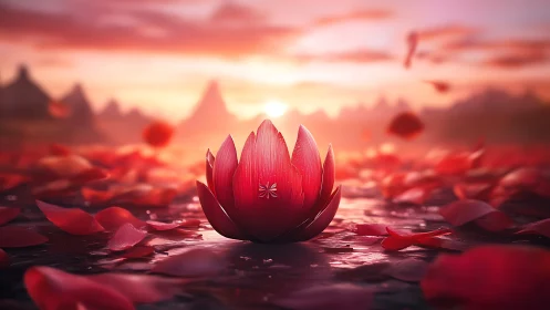 Gentle sunrise lotus glowing among drifting scarlet petals.