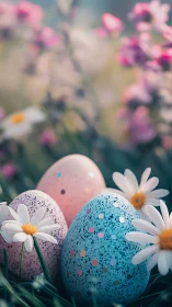 Speckled pastel eggs sit among daisies in soft spring light