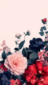 Floral arrangement with pink, red, and navy roses