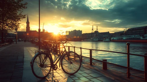Bicycle parked on waterfront promenade at golden sunset with industrial harbor.