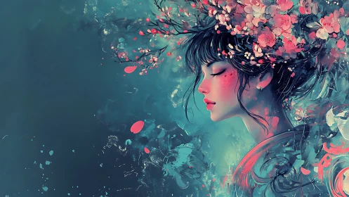 Side profile portrait of woman with floral hair crown.