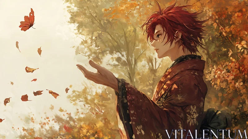 Autumn youth in kimono greets drifting butterfly quietly.