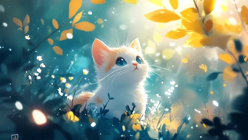 Luminous Kitten in Autumnal Garden: Digital Illustration.