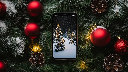 Smartphone in Christmas tree branches with red ornaments.