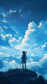 Young figure with sword overlooking vast cloudscape sky.