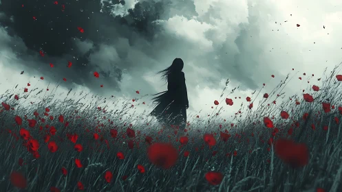 Solitary dark figure in storm sky field of red poppies.