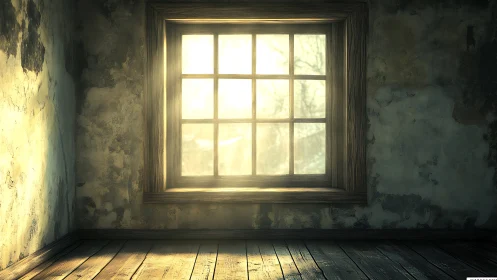 Sunlit rustic window casts warmth into an empty room.